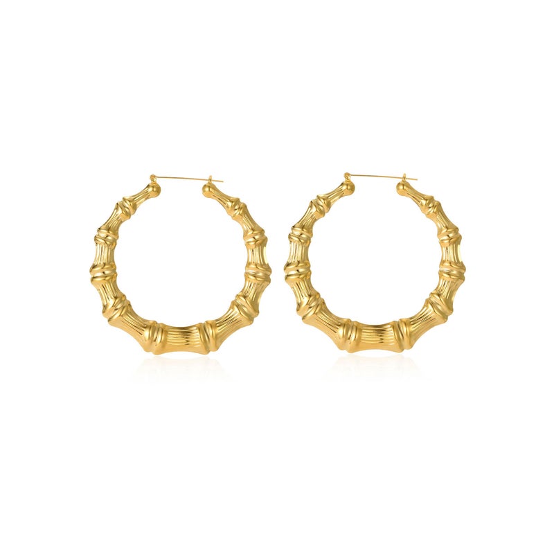 CULOVITY Gold-Plated Bamboo Hoop Earring Hollow Casting Hip-Hop Statement Fashion Jewelry for Women Dia 65mm - Image 1